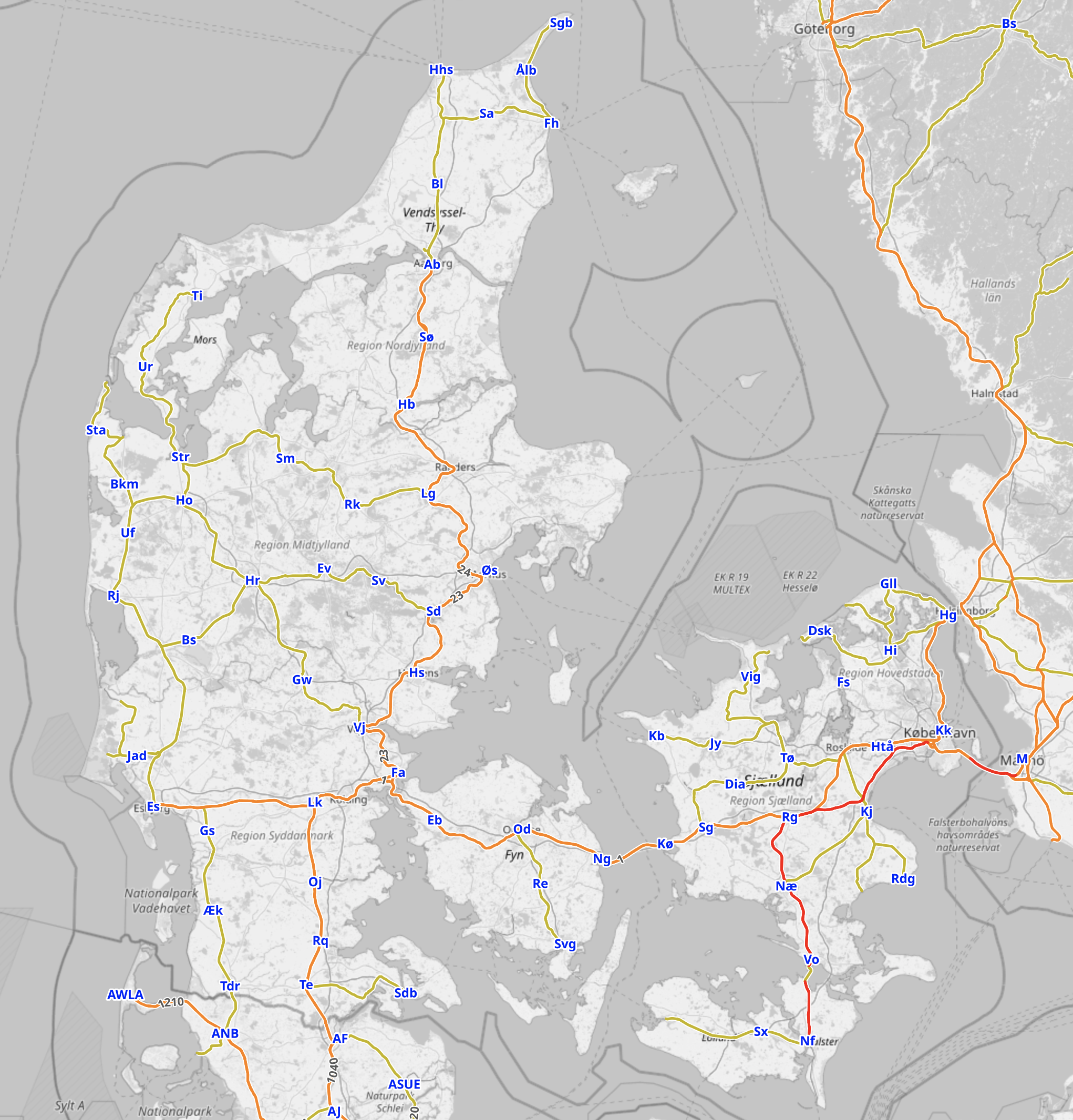 A map of Denmark showing the train lines (from OpenRailwayMap).